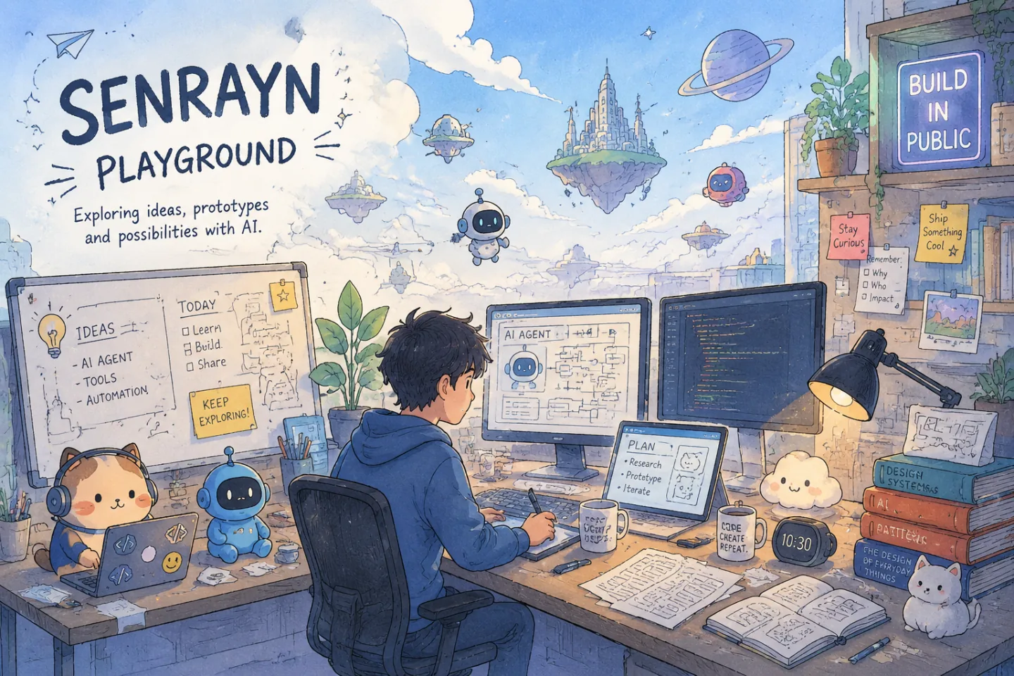 Hand-drawn SENRAYN studio filled with AI experiments and prototypes