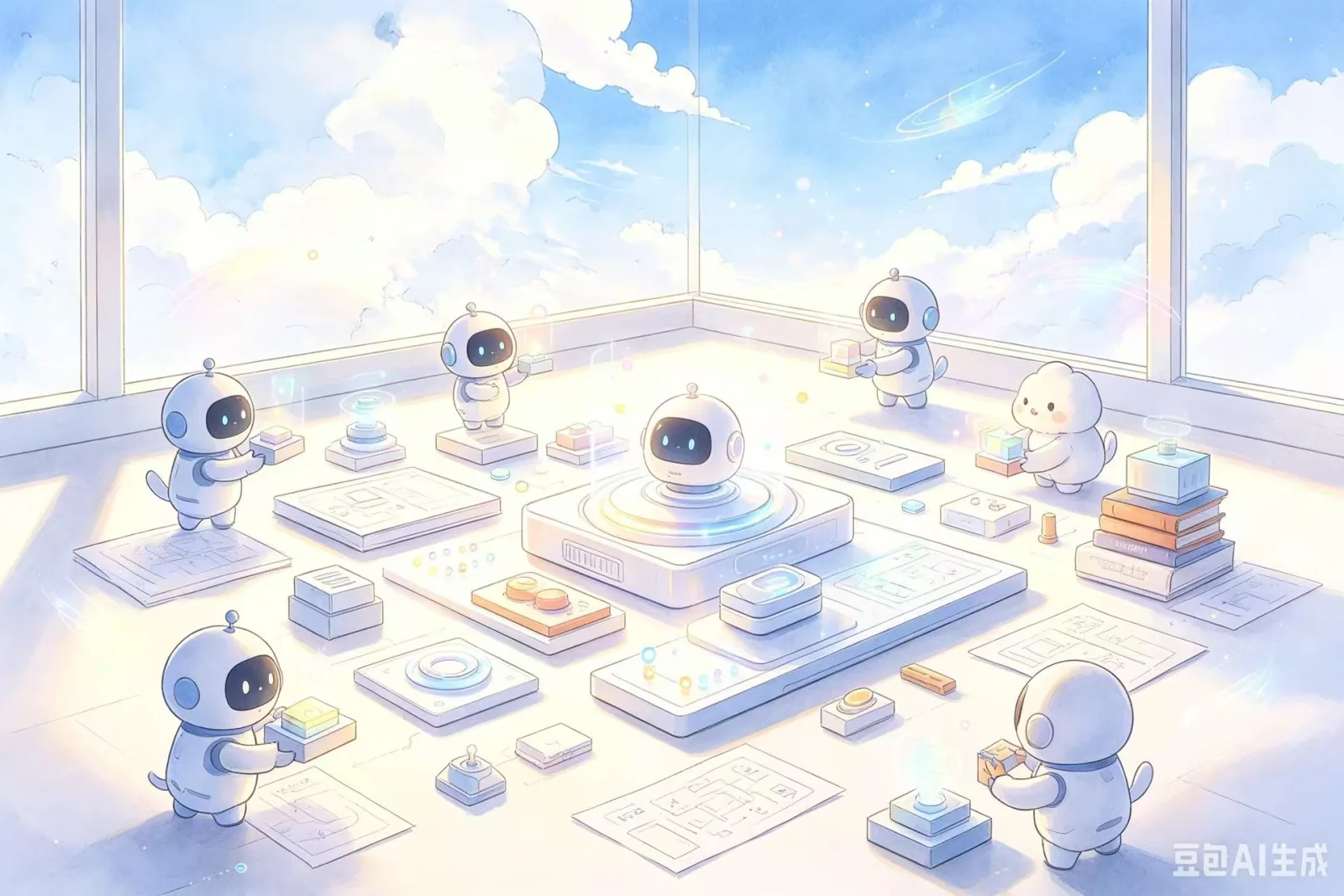 Hand-drawn robot workshop assembling AI product ideas into working systems